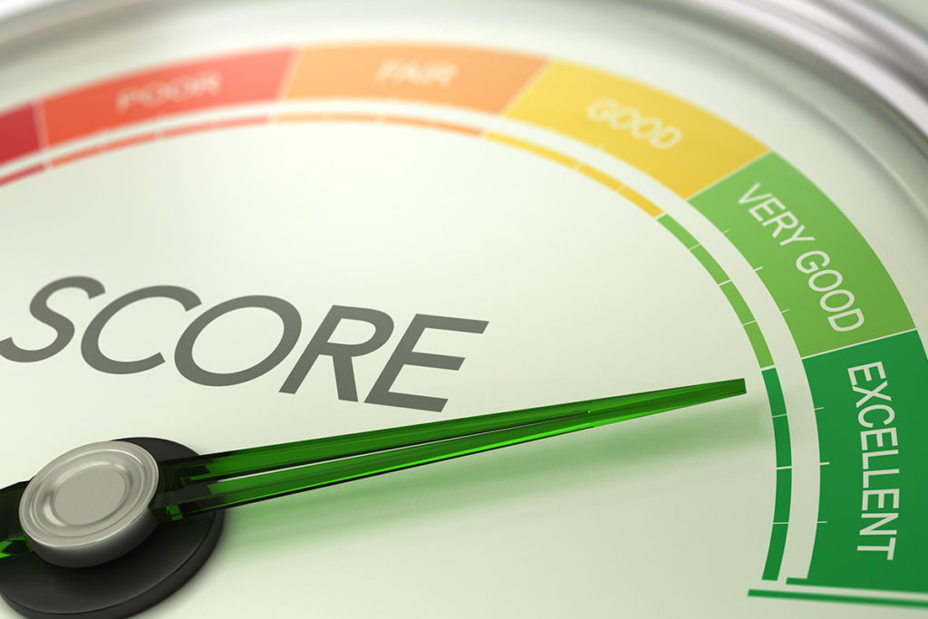 An illustration of a credit score meter with the needle on the dark green 'excellent' score.